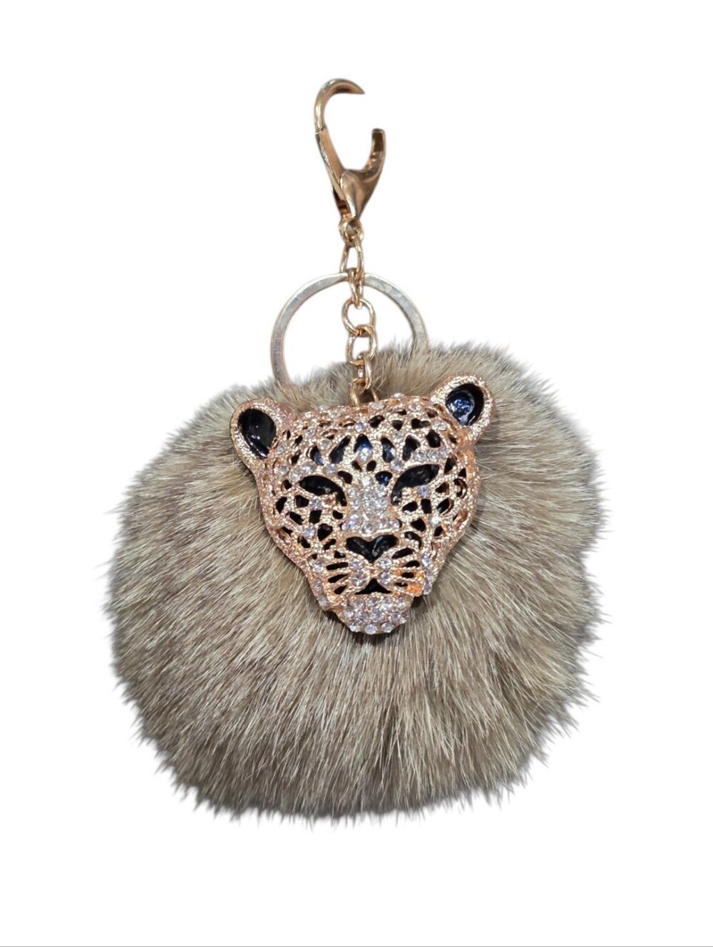 Fluffy Pom Pom Crystal Leopard Faux Fur Bag Charm Key Chain
